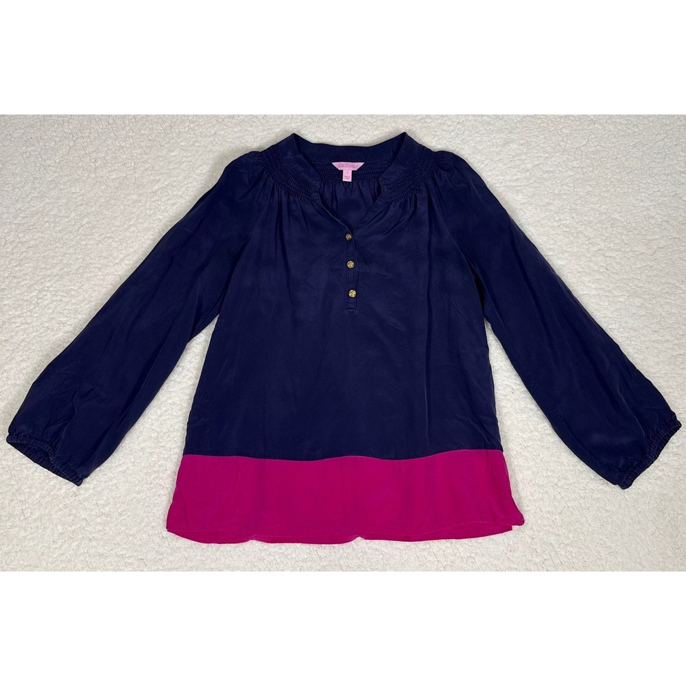 Lilly Pulitzer Elsa Silk Blouse Navy Pink Colorblock Smocked Top Small